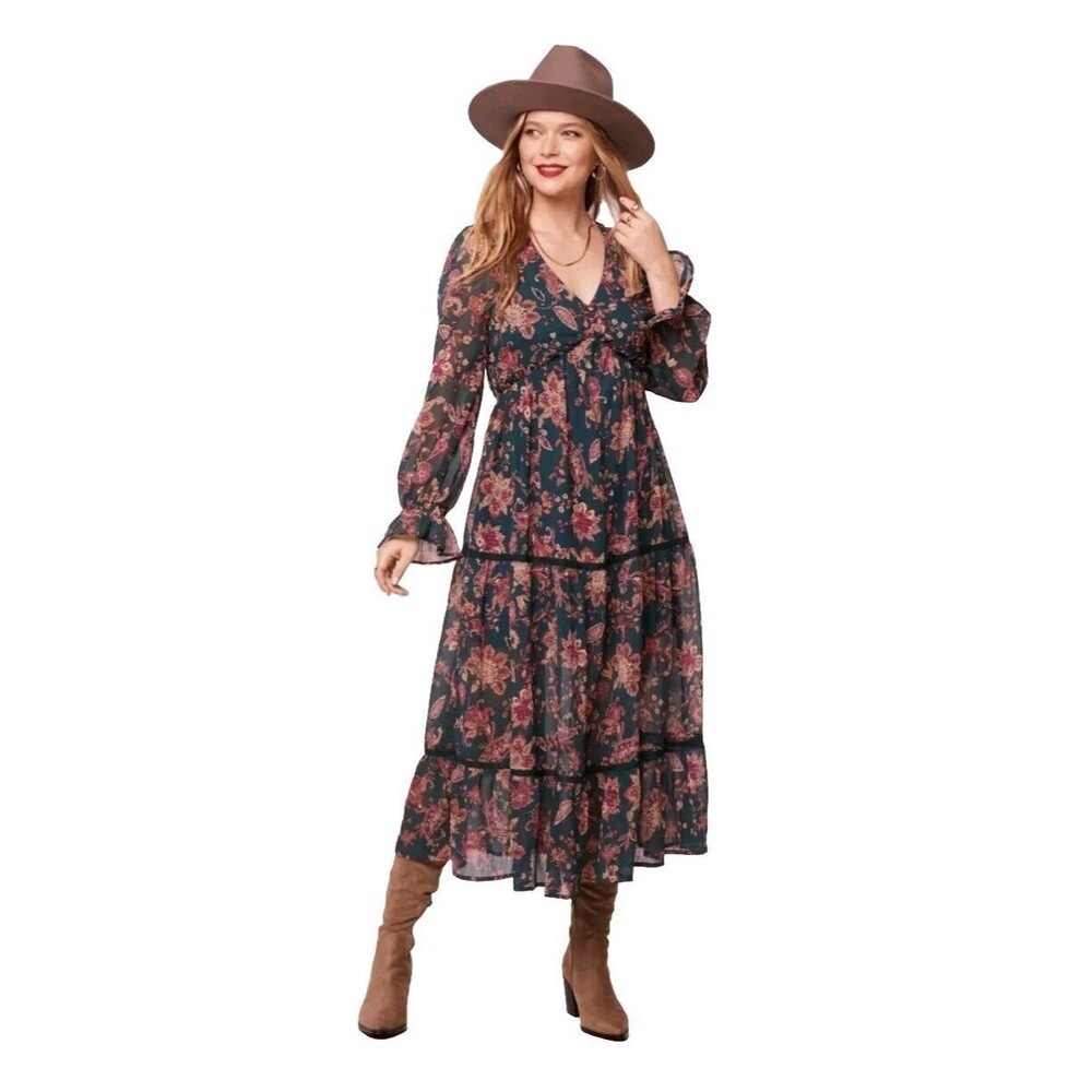 Band Of The Free Run The World Pine Paisley Empire Waist Dress Floral Green Sz M